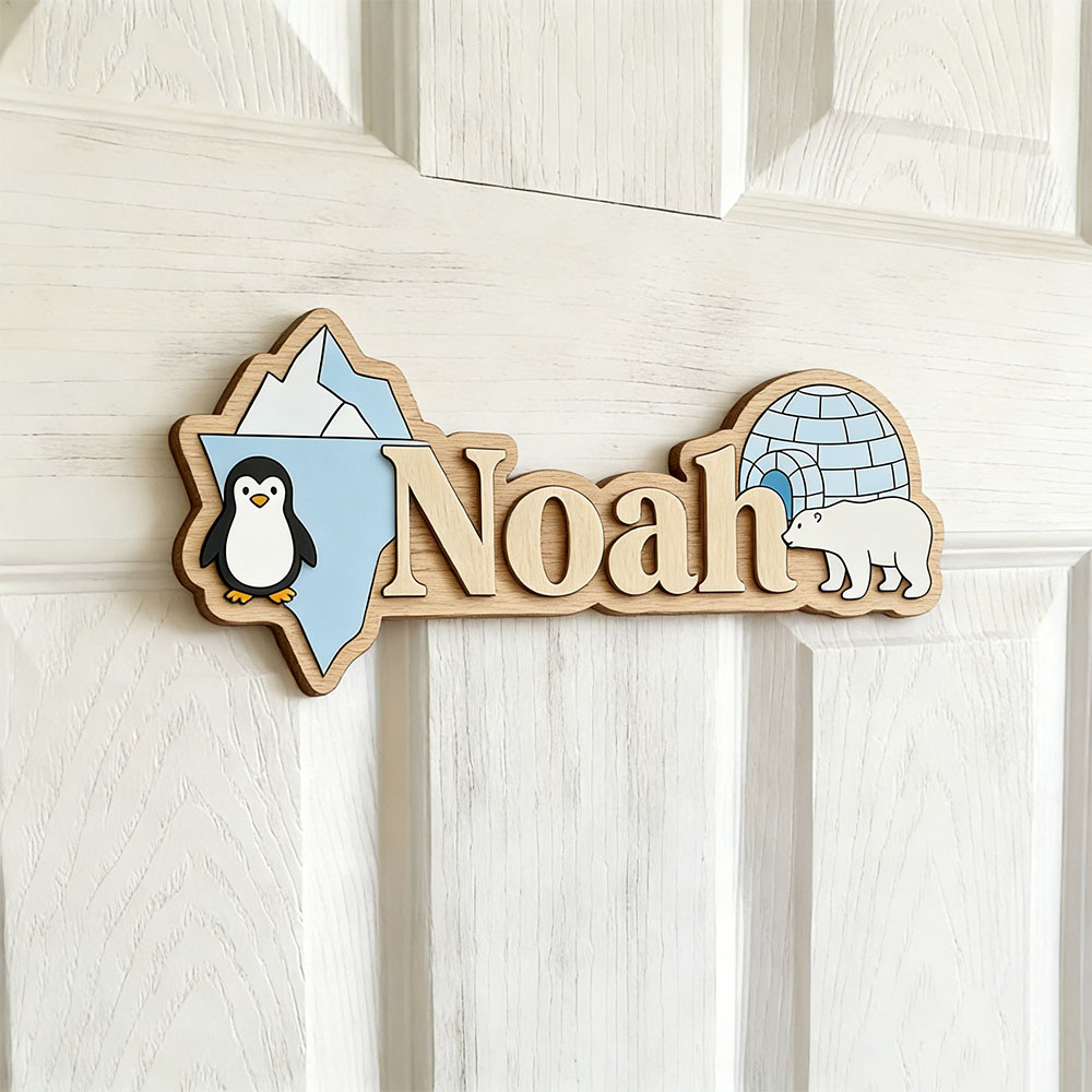Baby Nursery Name Sign - Arktischer Pinguin & Eisbär Personalisiertes Namensschild