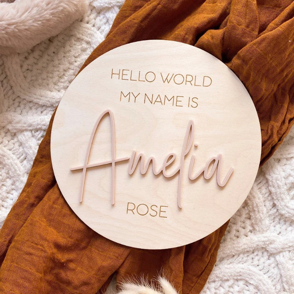 Baby Nursery Name Sign - Personalisiertes Namensschild „Hallo Welt“ aus Holz