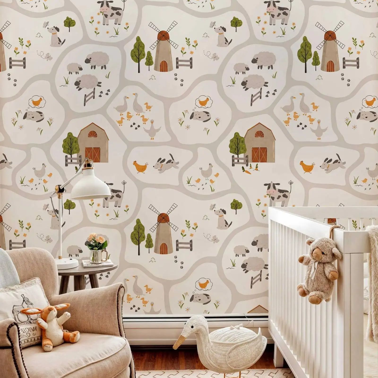 Baby Nursery Peel And Stick Wallpaper - Niedliche Bauernhoftiere-Kindertapete zum Abziehen und Aufkleben,