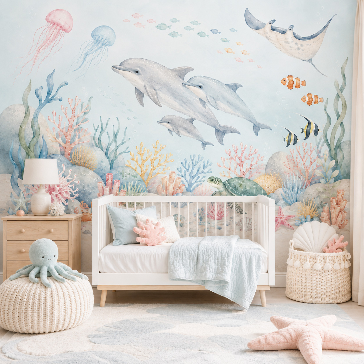 Baby Nursery Peel And Stick Wallpaper - Unterwasser-Meerestiere Selbstklebende Tapete Delfin Korallenriff Wandbild