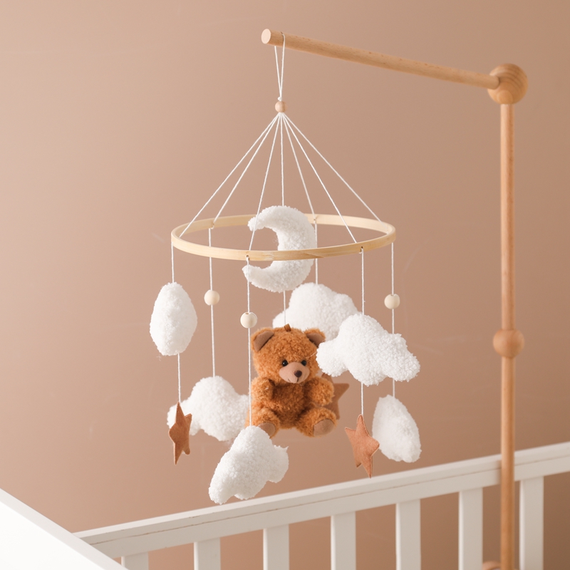 Crib Mobile Musical - Holz-Babybett-Mobile, Babybett-Glockenspiel, Rassel-Spielzeug, Weiche Filz-Cartoon-Bären-Mobile-Halterung, Musikbox
